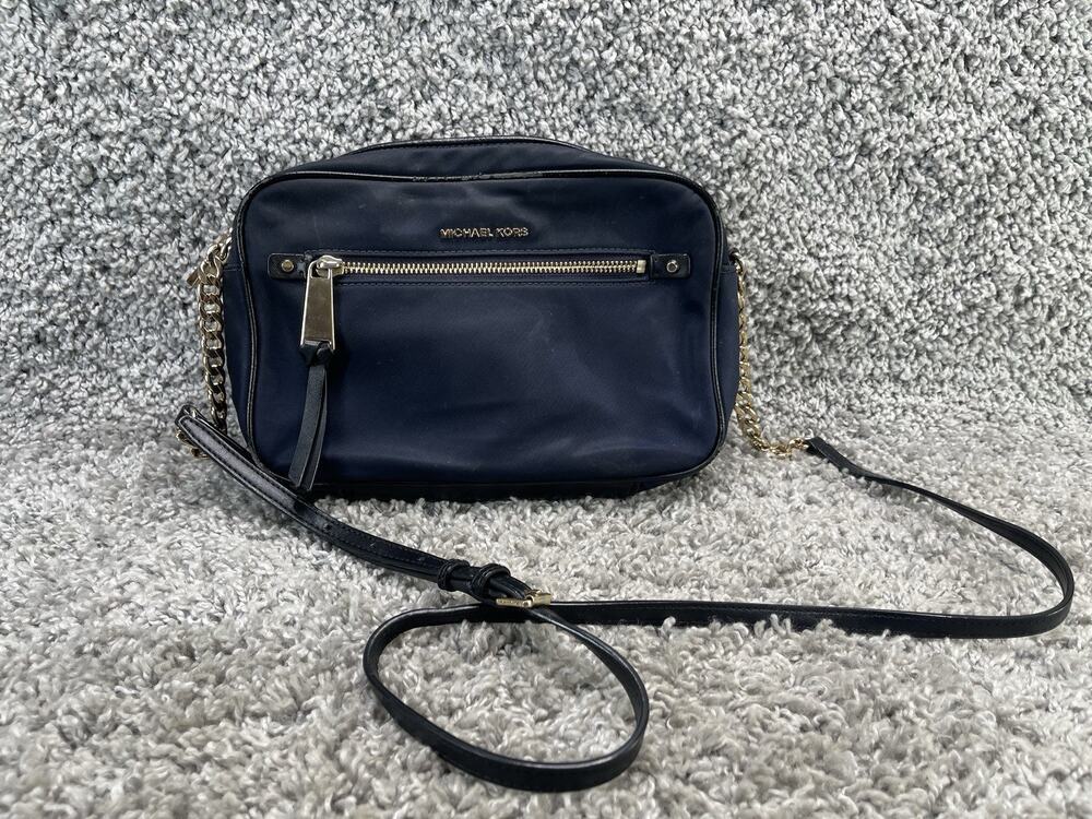 Michael Kors Purse Nylon Dark Blue Medium Size Crossbody Bag Gold Tone Hardware